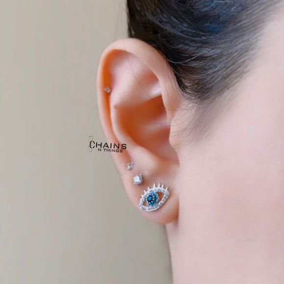 Blue Eyes Earrings silver plated sparkly zircon cute lashes boho style turkish - Picture 4 of 5